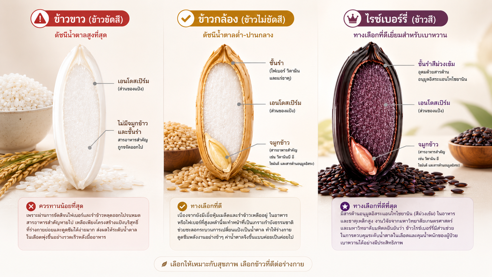 เมล็ดข้าวขาว ข้าวกล้อง ข้าวไรซ์เบอร์รี่
