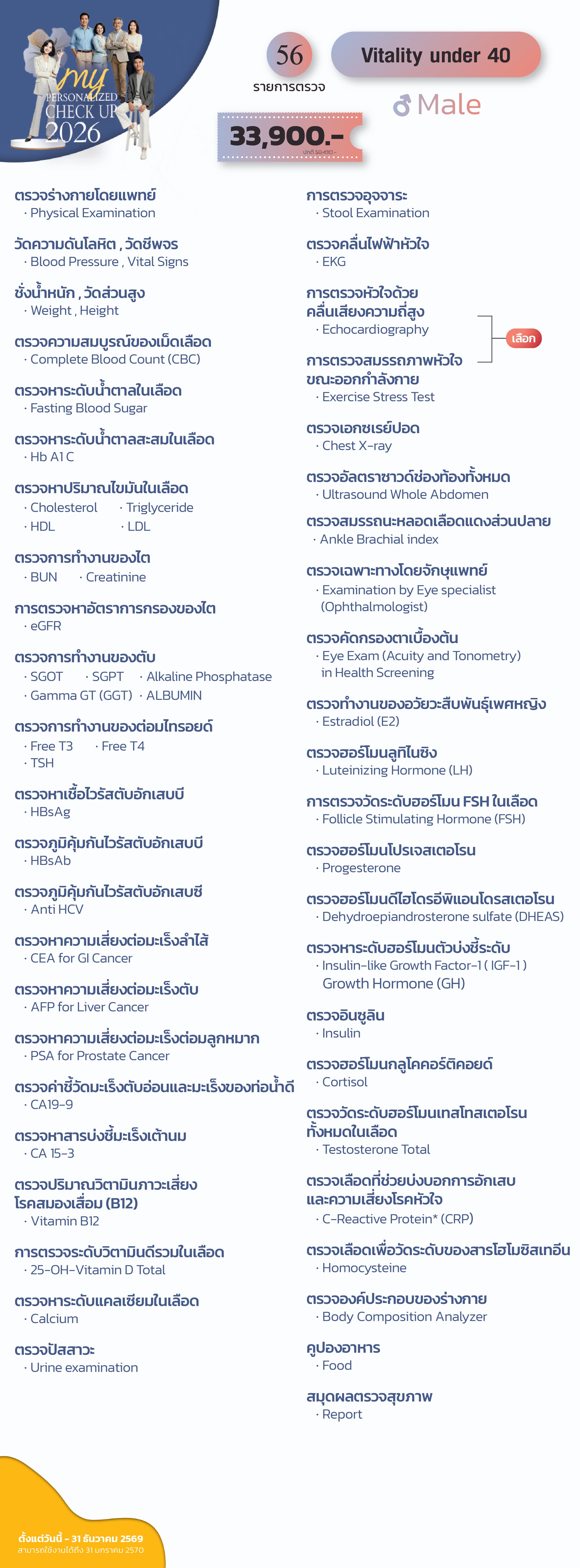 แพ็กเกจตรวจสุขภาพ Vitality under 40 (ชาย)
