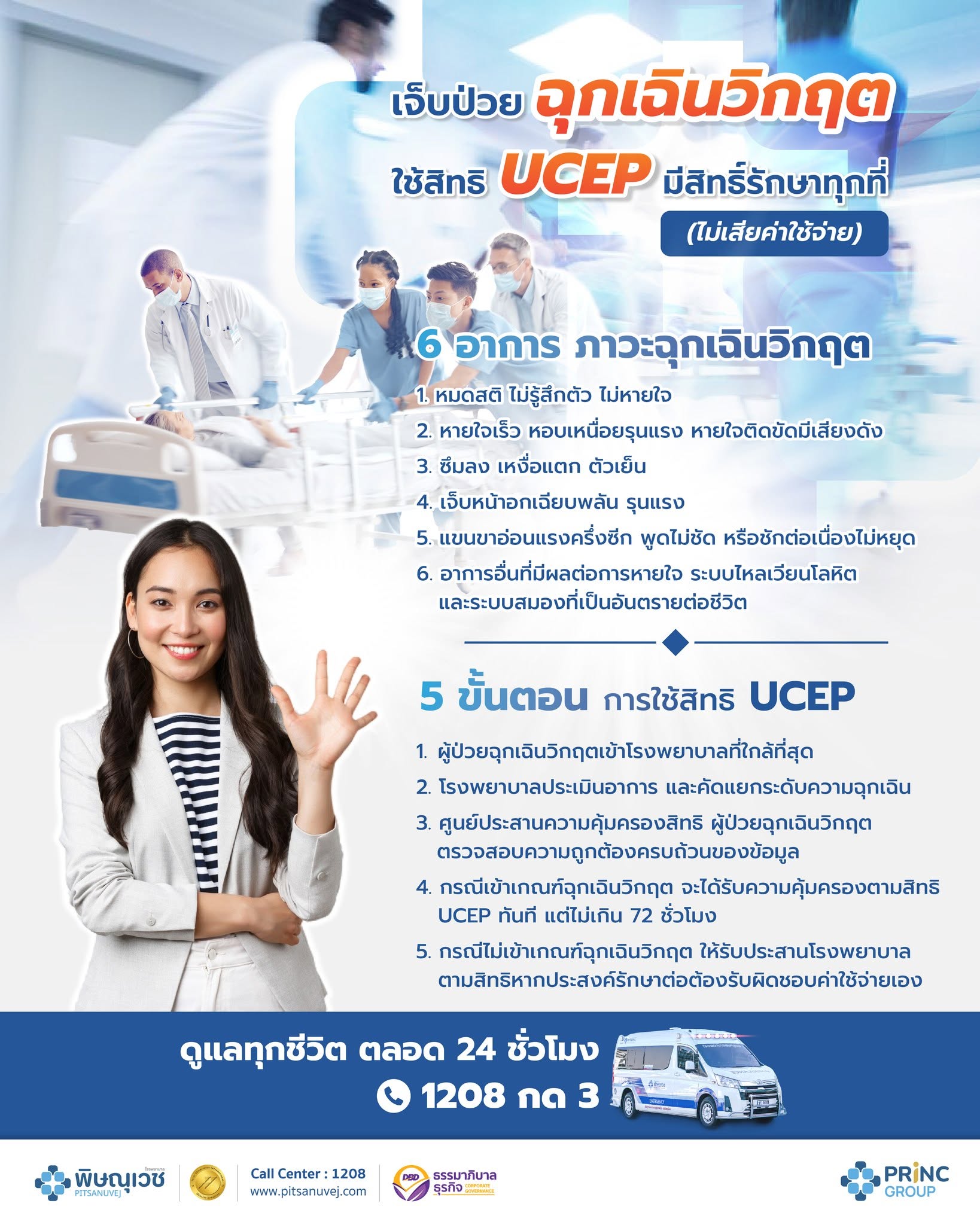 อินโฟกราฟิกอธิบายสิทธิ UCEP สำหรับผู้ป่วยฉุกเฉินวิกฤต พร้อม 6 อาการอันตรายและ 5 ขั้นตอนการใช้สิทธิรักษาที่โรงพยาบาลใกล้ที่สุด